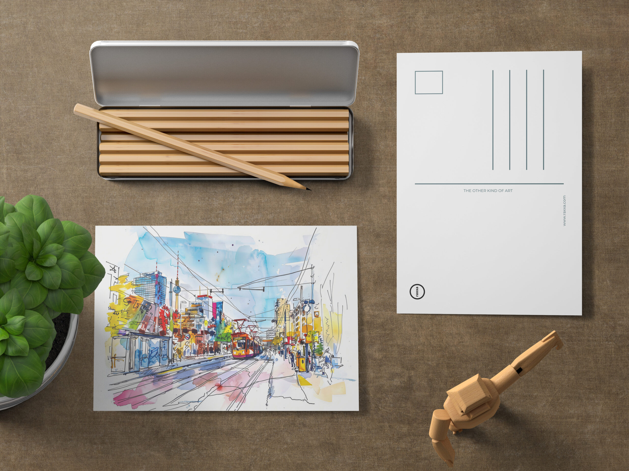 raxxa Postkarte: Watercolor Berlin Mitte Tram Colorful Facades