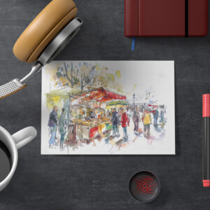 raxxa Postkarte: watercolor of a bustling weekly market in Berlin Mitte