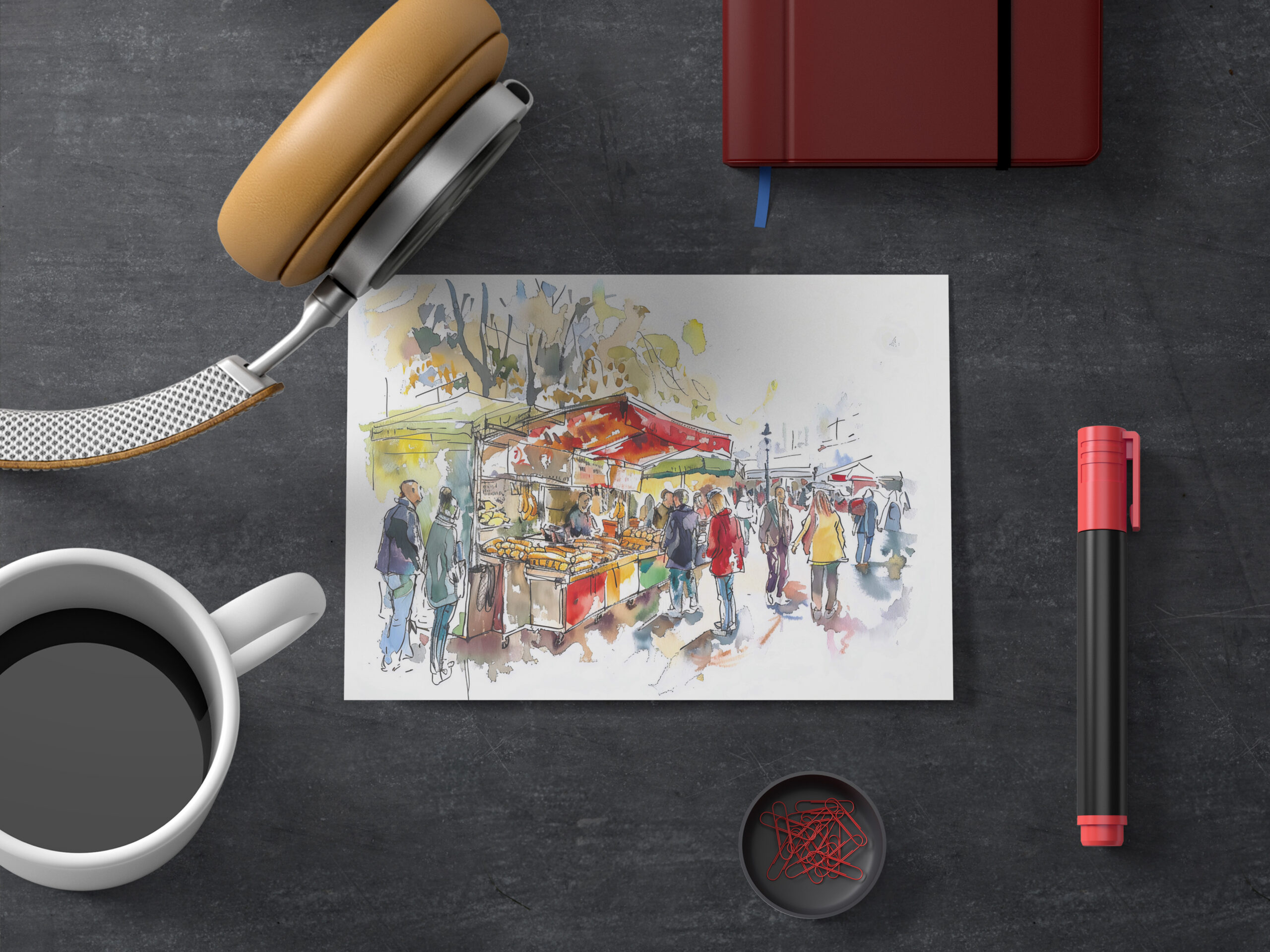 raxxa Postkarte: watercolor of a bustling weekly market in Berlin Mitte