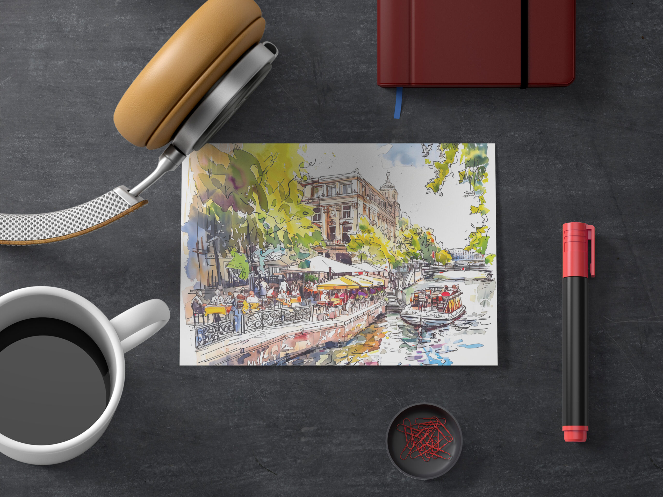 raxxa Postkarte: Watercolor Berlin Mitte Spree River Cafe