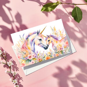 raxxa Postkarte: Boho Watercolor Tender Unicorn And Baby In Flower Meadow