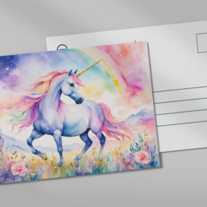 raxxa Postkarte: Watercolor Graceful Unicorn Under Soft Pastel Rainbow Clouds