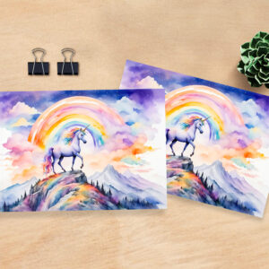 raxxa Postkarte: Boho Watercolor Magical Unicorn Beneath Glowing Rainbow And Clouds