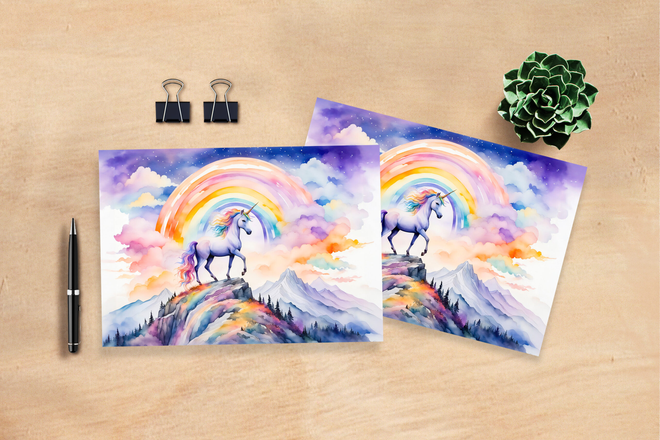 raxxa Postkarte: Boho Watercolor Magical Unicorn Beneath Glowing Rainbow And Clouds