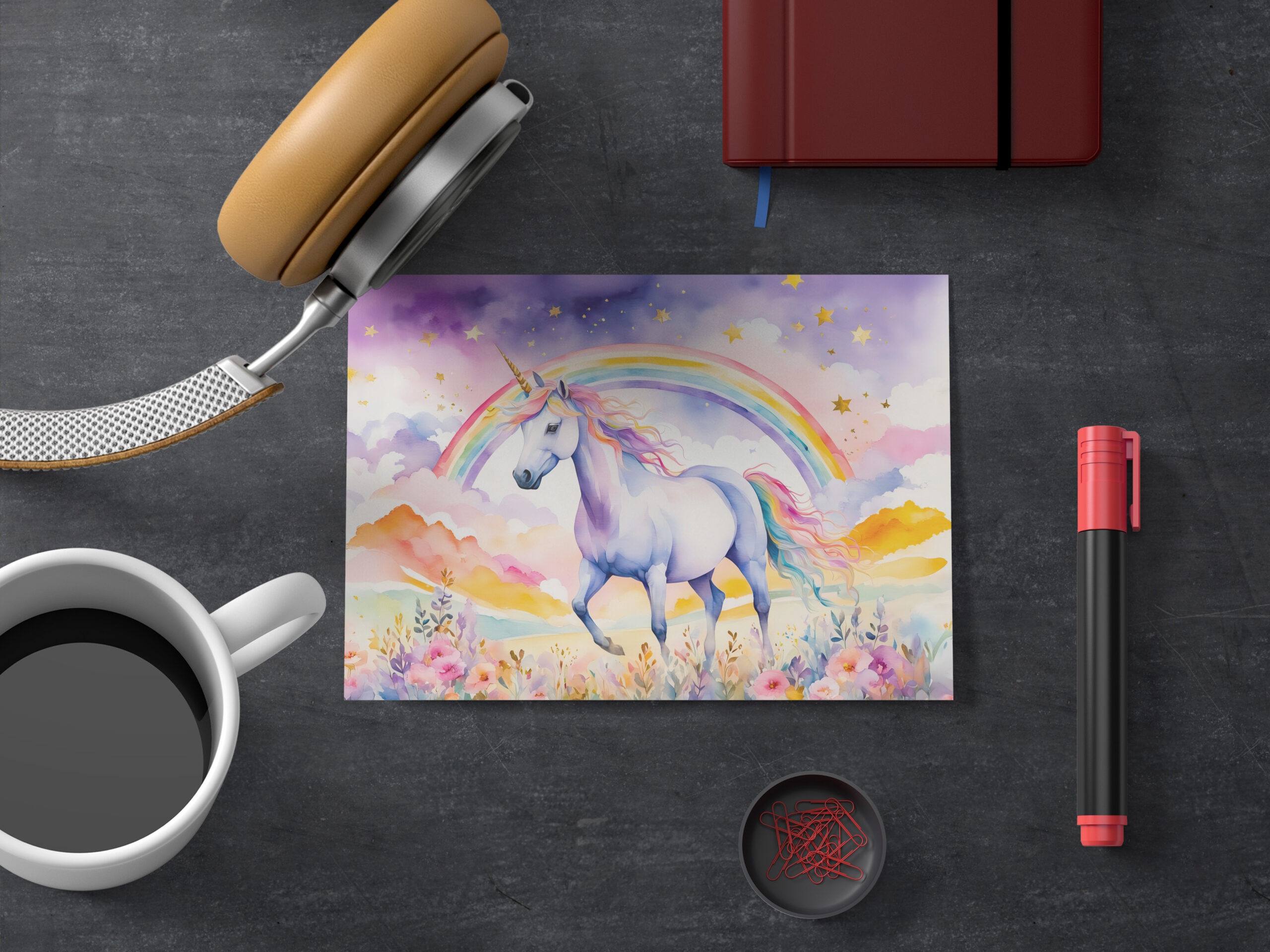 raxxa Postkarte: Watercolor Enchanted Unicorn Beneath A Glowing Rainbow Sky