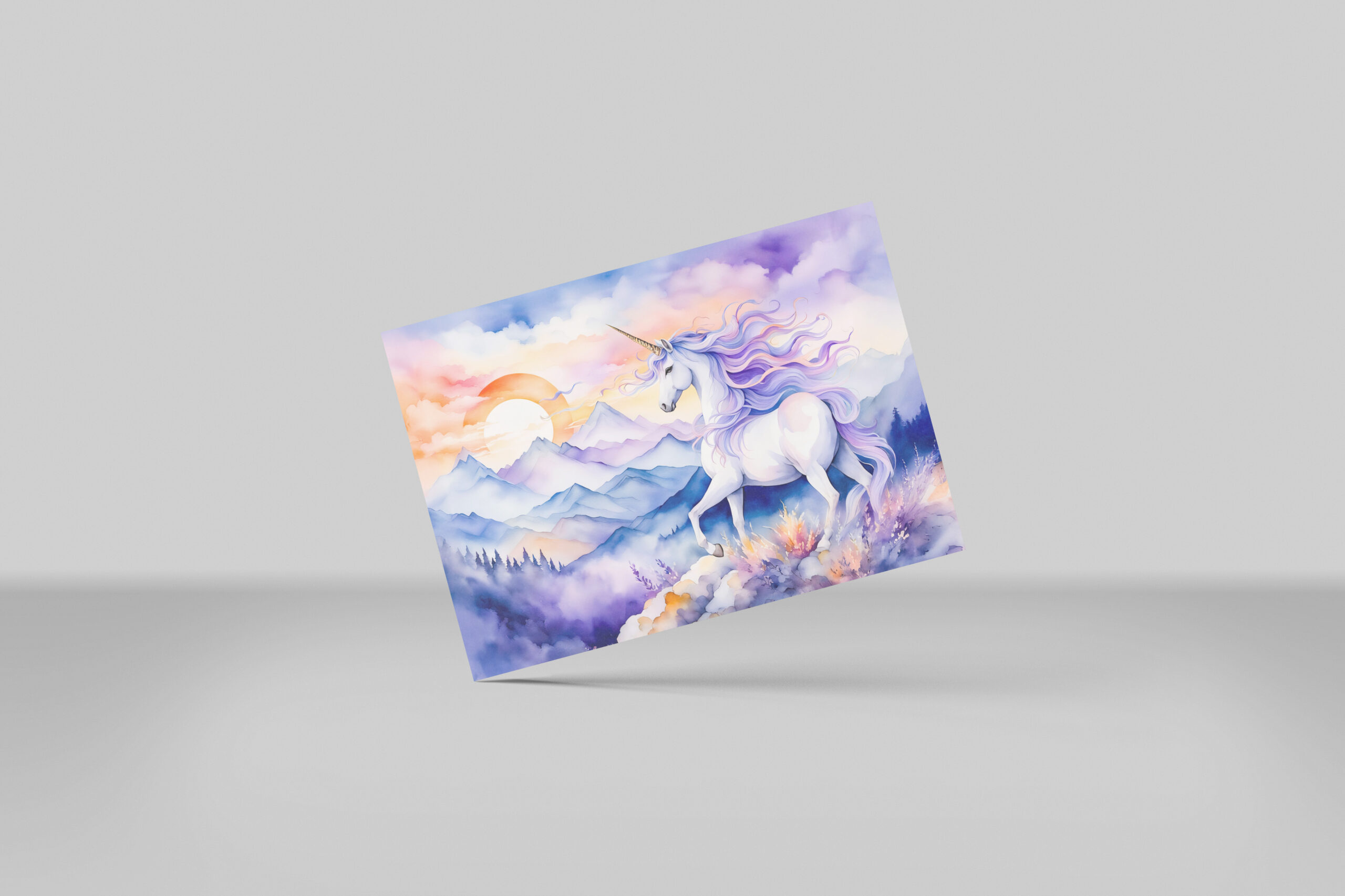 raxxa Postkarte: Boho Watercolor Strong Unicorn Standing On Misty Mountain Peak