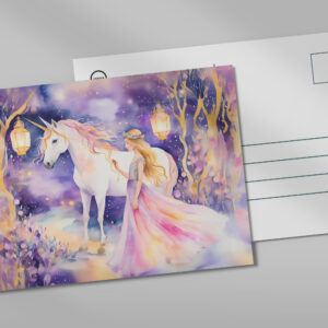 raxxa Postkarte: Boho Watercolor Beautiful Princess Riding A Majestic White Unicorn