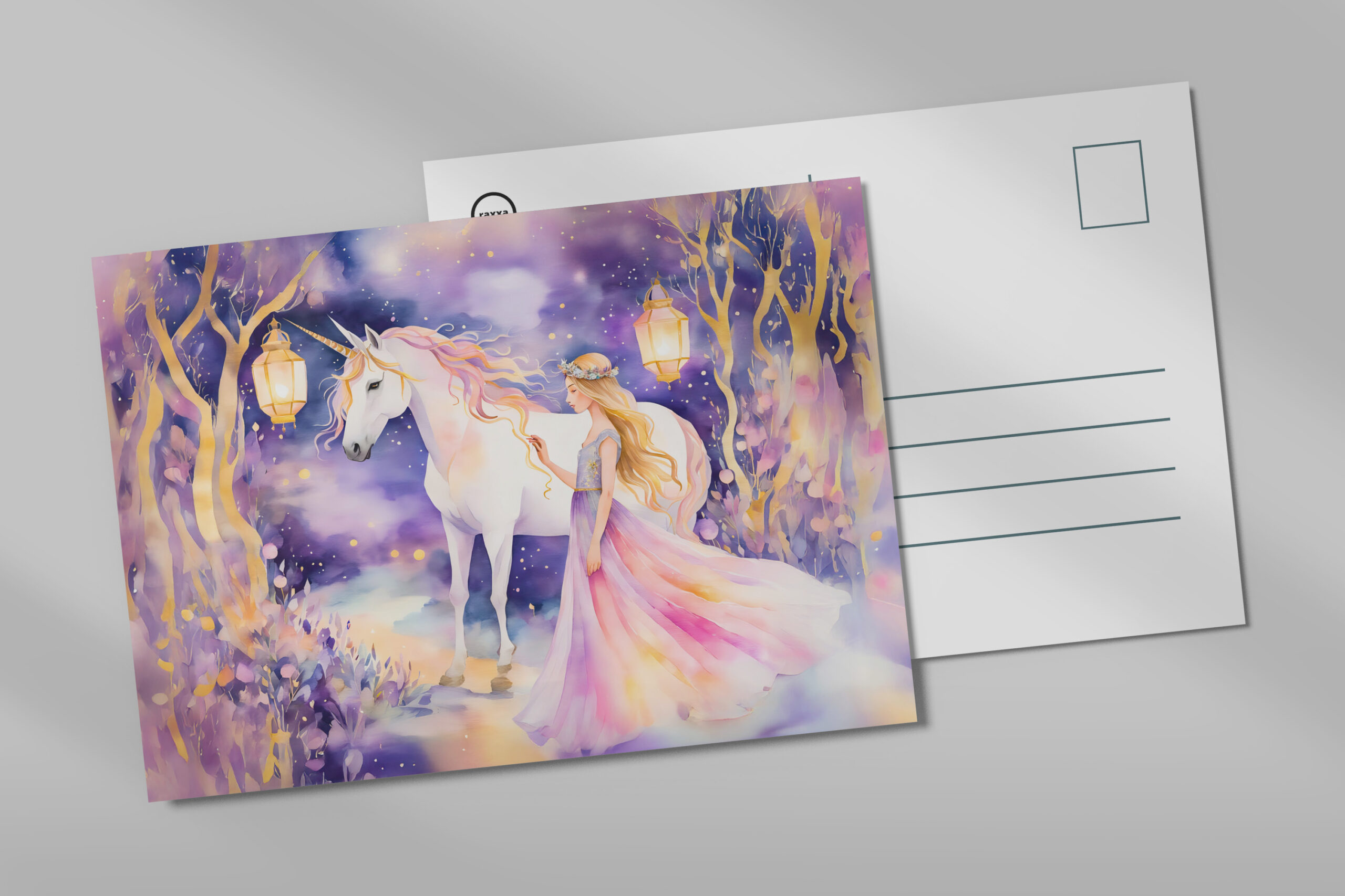 raxxa Postkarte: Boho Watercolor Beautiful Princess Riding A Majestic White Unicorn