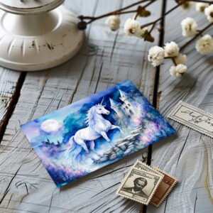 raxxa Postkarte: Boho Watercolor Enchanted White Unicorn Near Old Castle