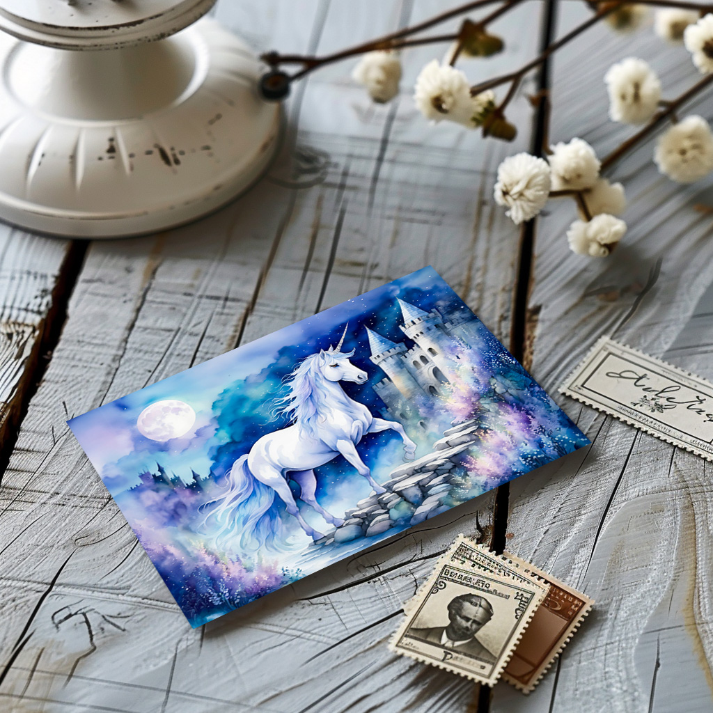 raxxa Postkarte: Boho Watercolor Enchanted White Unicorn Near Old Castle