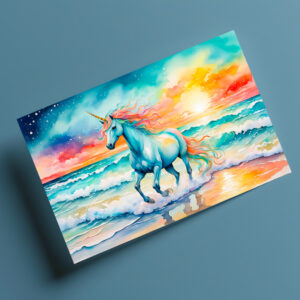 raxxa Postkarte: Boho Watercolor Sparkling Blue Unicorn Galloping On Ocean Shore