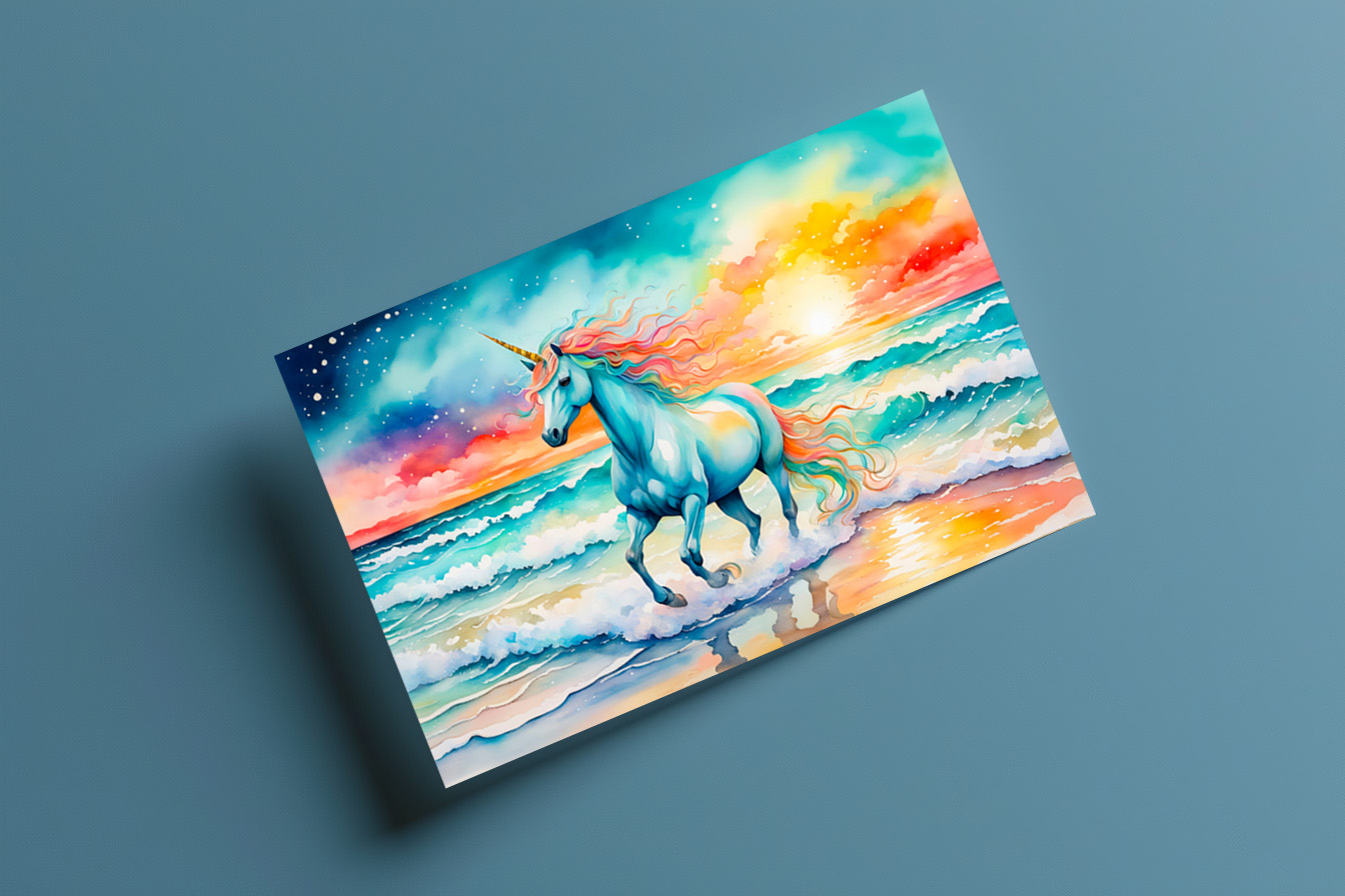 raxxa Postkarte: Boho Watercolor Sparkling Blue Unicorn Galloping On Ocean Shore
