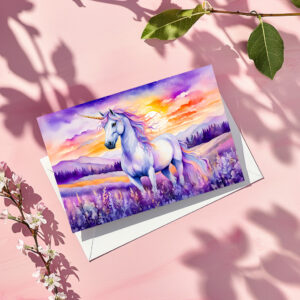 raxxa Postkarte: Boho Watercolor Magical Unicorn Beneath Vibrant Sunset Rainbow Sky