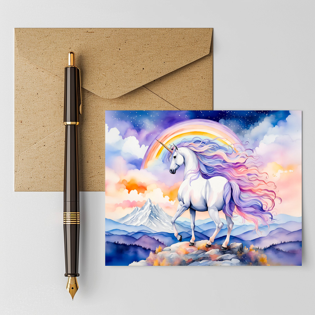 raxxa Postkarte: Watercolor Mystical Unicorn Walking Beneath A Shimmering Rainbow