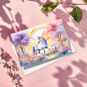 raxxa Postkarte: Boho Watercolor Majestic Unicorn Under Cherry Blossom Pink Sky