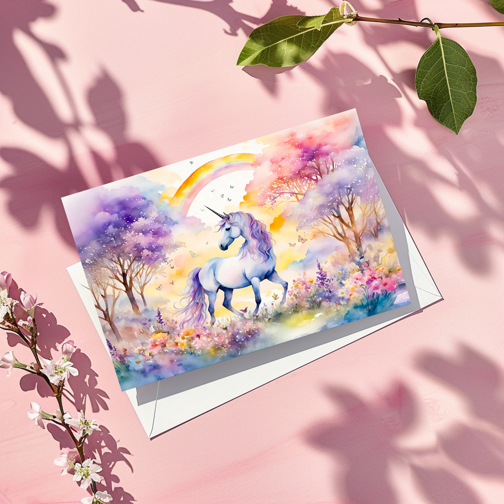 raxxa Postkarte: Boho Watercolor Majestic Unicorn Under Cherry Blossom Pink Sky