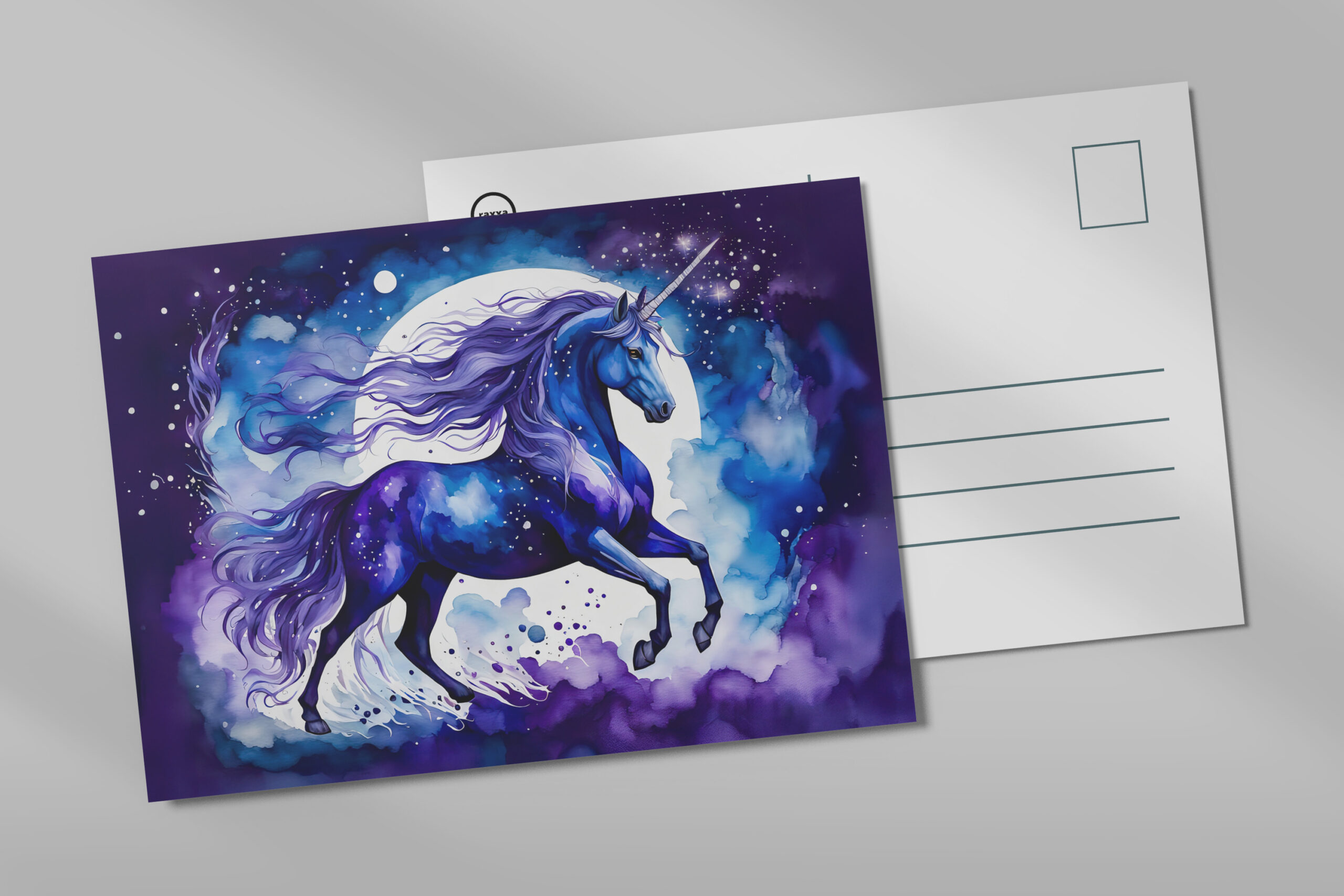 raxxa Postkarte: Watercolor Majestic Blue Unicorn Under Starry Night Sky