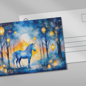 raxxa Postkarte: Boho Watercolor Mystical Unicorn Prancing Under Golden Lantern Light