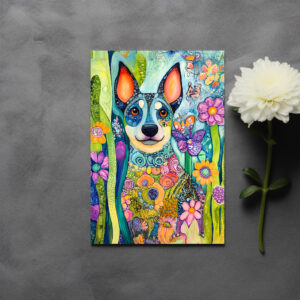 raxxa Postkarte: Vibrant Pop-Art Dog in Neon Colors with flowers