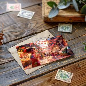 raxxa Postkarte: Comic Girl with Porcelain Bowl of Strawberries at Market