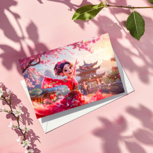 raxxa Postkarte: Comic Girl Dancing with Cherry Blossoms in March