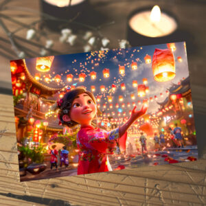 raxxa Postkarte: Comic Girl with Lanterns Celebrating Chinese New Year