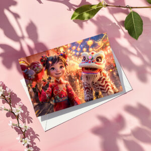 raxxa Postkarte: Comic Girl in Dragon Costume for Chinese New Year