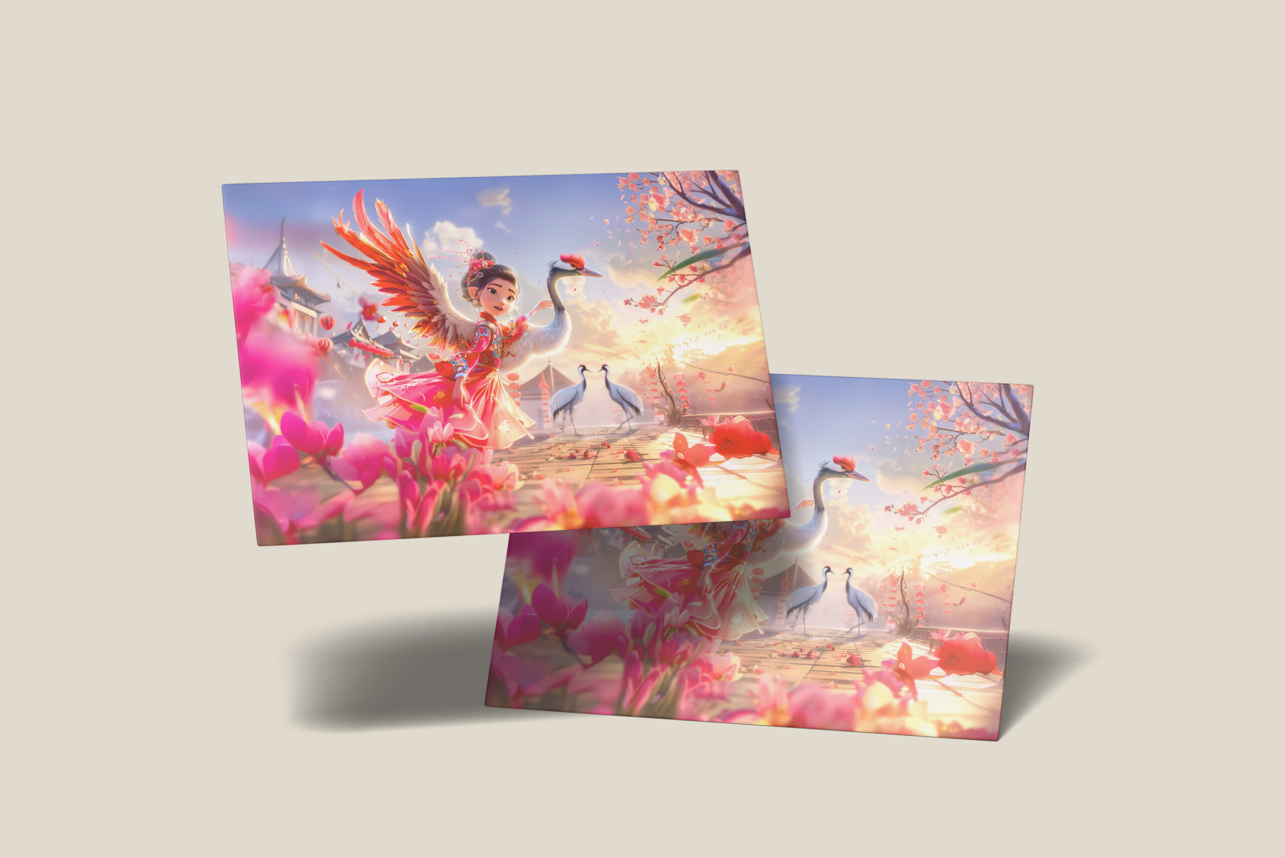 raxxa Postkarte: Comic Girl Dancing with Crane in Graceful Scene
