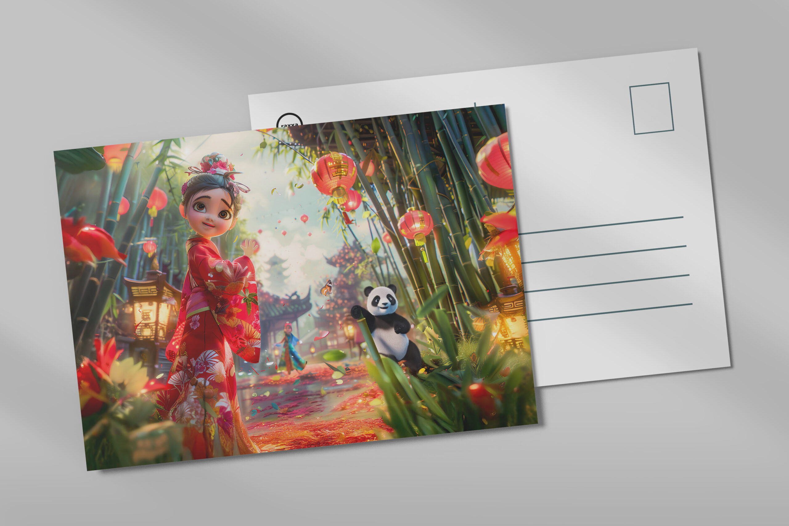 raxxa Postkarte: Comic Girl in Bamboo Forest with Panda