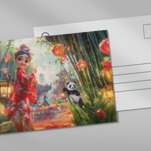 raxxa Postkarte: Comic Girl in Bamboo Forest with Panda