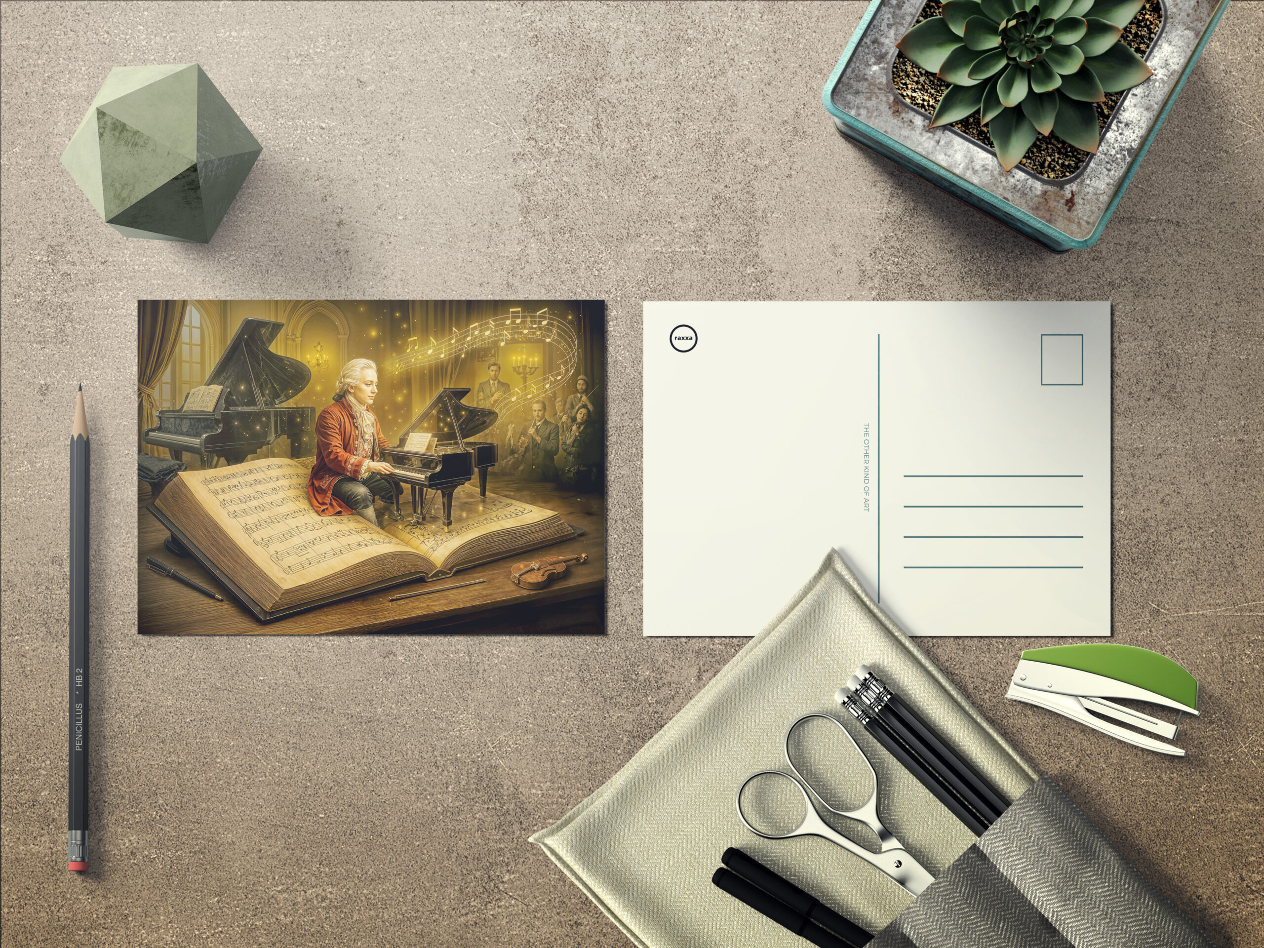 raxxa Postkarte: Mozart music scene from classic book