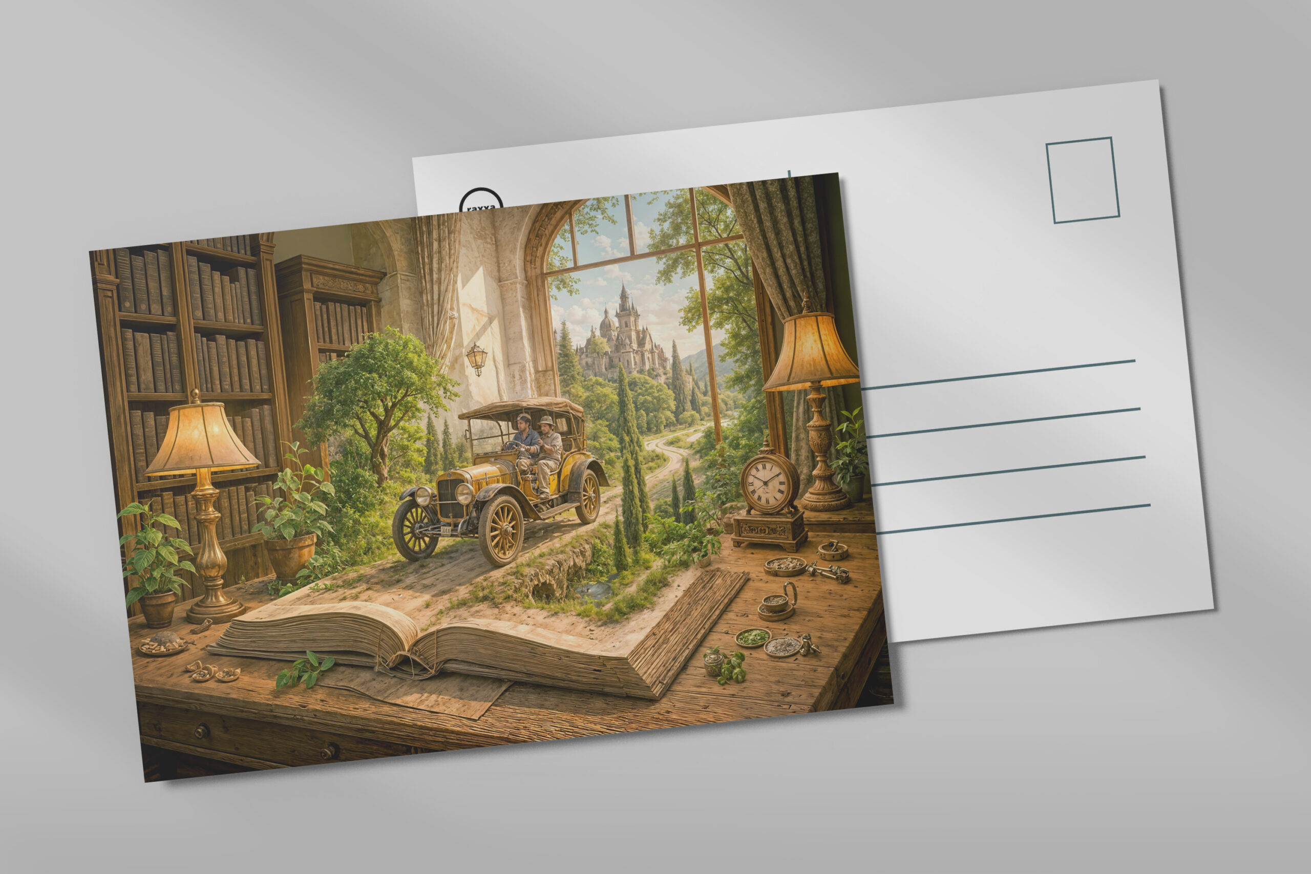 raxxa Postkarte: Vintage car drives from storybook page