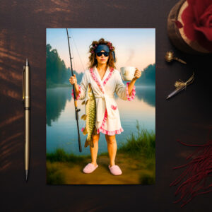 raxxa Postkarte: Sleepy Woman in Robe Catches a Big Pike