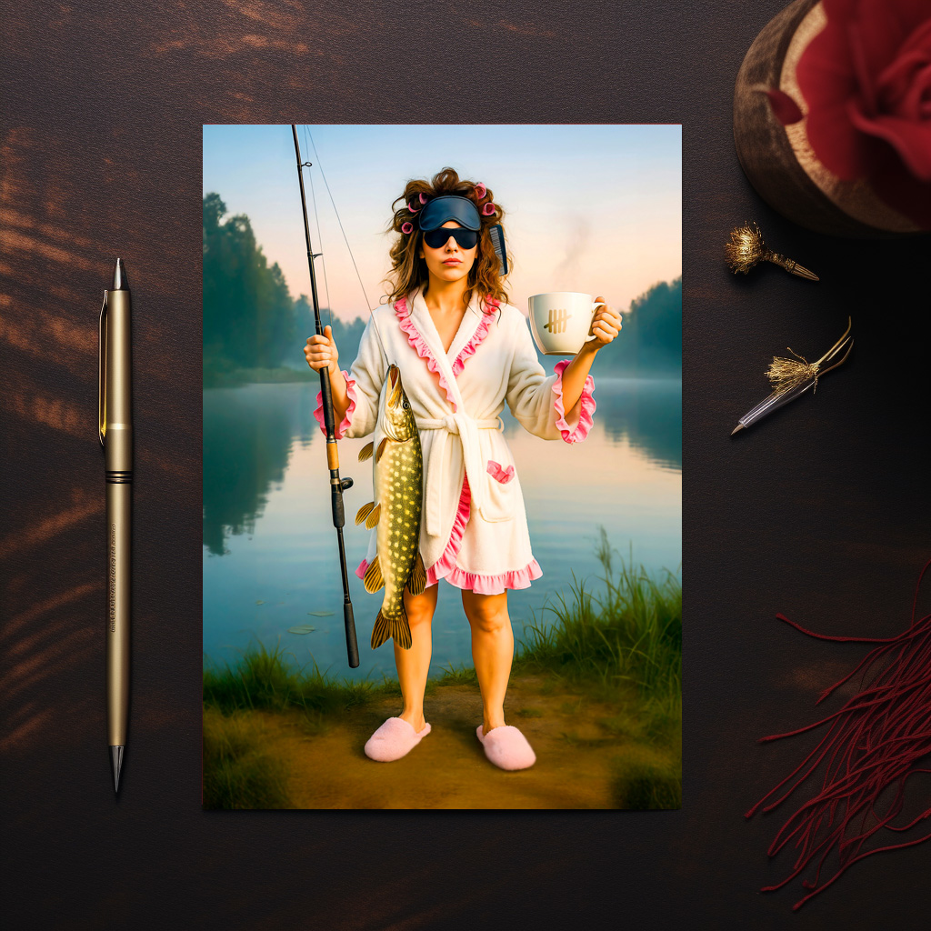 raxxa Postkarte: Sleepy Woman in Robe Catches a Big Pike