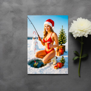 raxxa Postkarte: Playful Pin-Up Girl Fishing in Red Bikini
