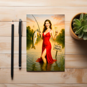 raxxa Postkarte: Elegant Woman in Red Dress Holding Big Fish