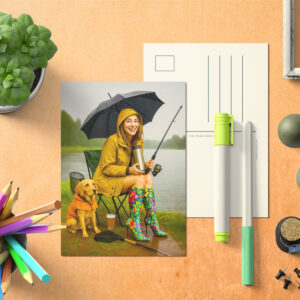 raxxa Postkarte: Woman Fishing in Raincoat and Stylish Boots