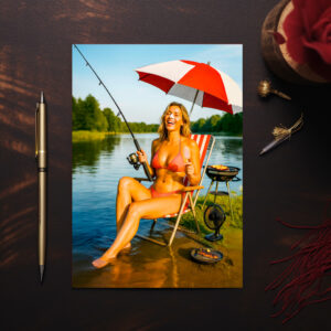 raxxa Postkarte: Woman Fishing Under Parasol While Eating Ice Cream