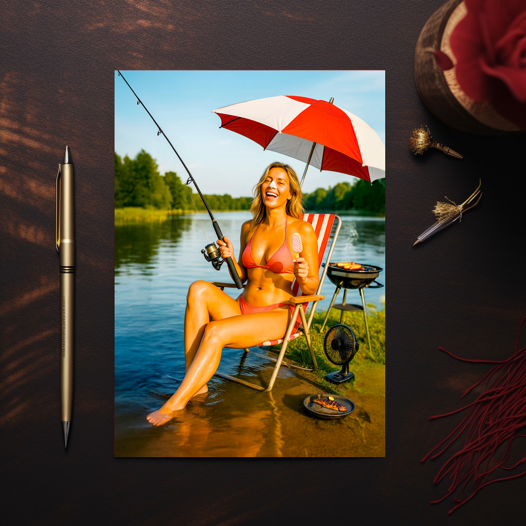 raxxa Postkarte: Woman Fishing Under Parasol While Eating Ice Cream