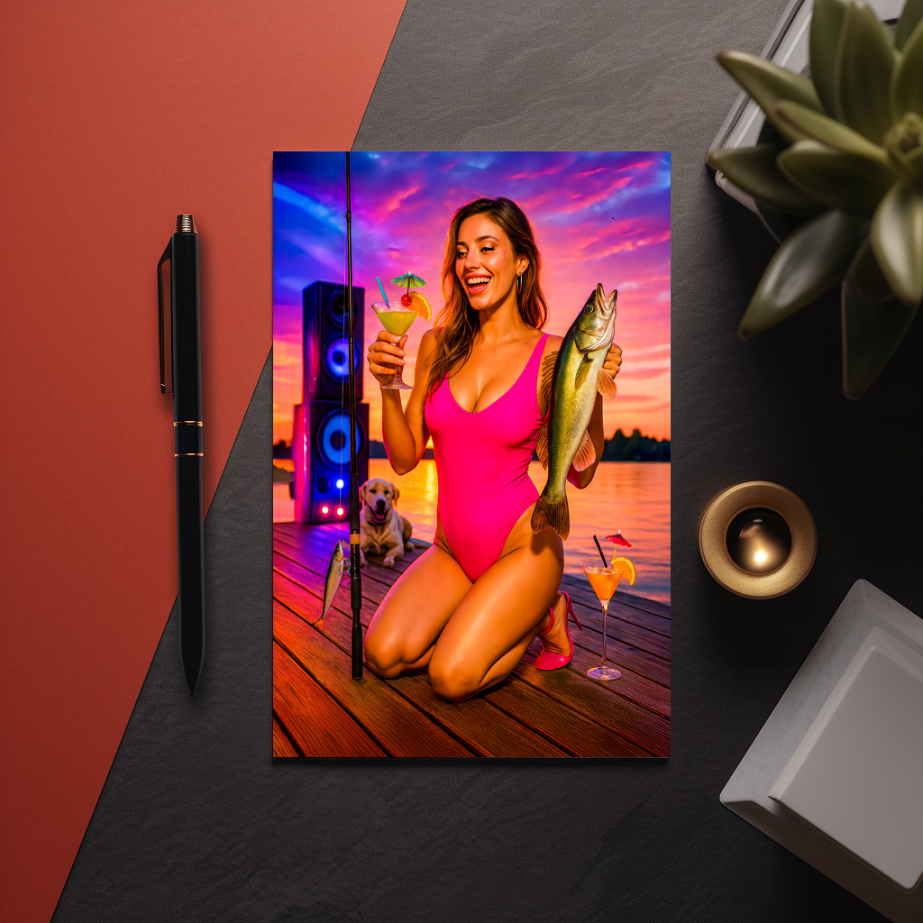 raxxa Postkarte: Party Girl Fishing with Cocktail and Music