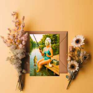 raxxa Postkarte: Woman in Bikini Fishing from Wooden Dock