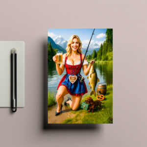 raxxa Postkarte: Funny Girl Fishing in Traditional Bavarian Dress