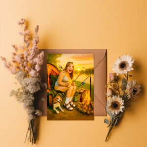 raxxa Postkarte: Scared Camper Woman with Dog and Tent