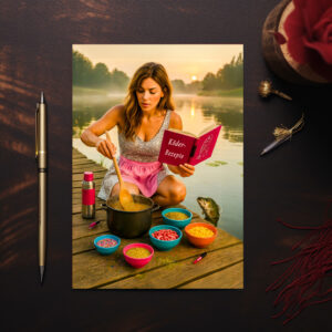 raxxa Postkarte: Woman Cooking Glitter Bait for frish on the Dock