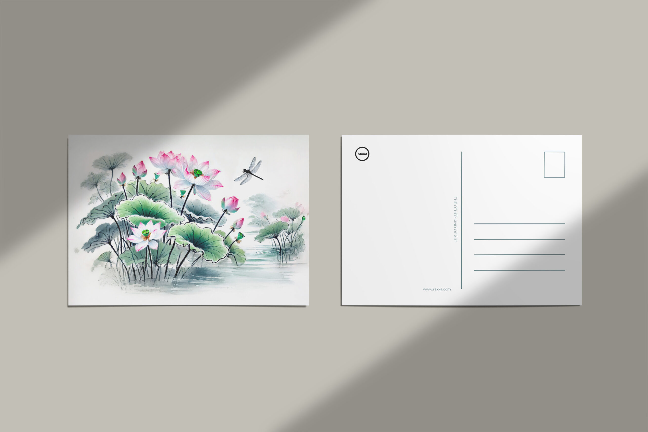 raxxa Postkarte: Lotus and Dragonflies painted in the style of Asian ink art