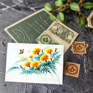 raxxa Postkarte: Yellow Daisies with Butterfly Asian Ink Painting