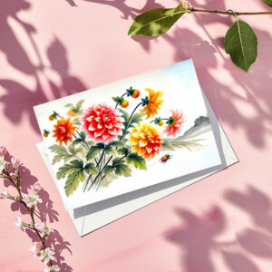 raxxa Postkarte: Dahlias flowers in Asian Ink Painting