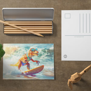 raxxa Postkarte: Dinosaur Surfing Big Wave