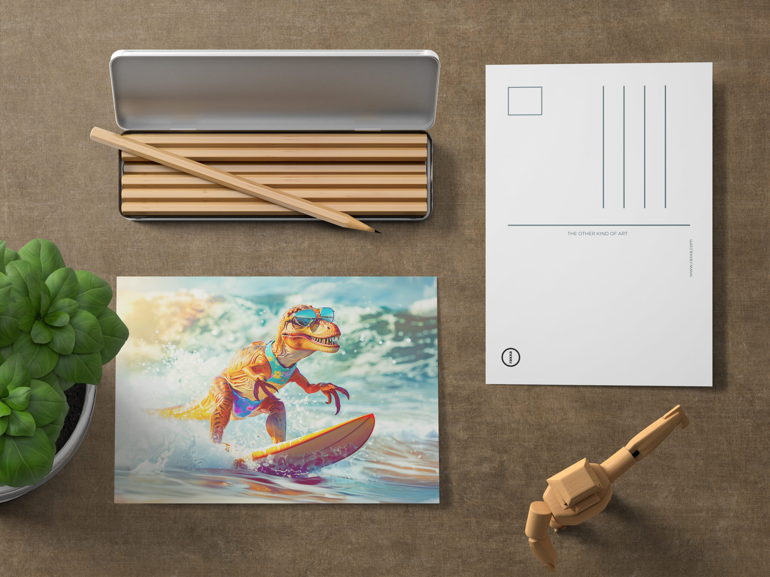 raxxa Postkarte: Dinosaur Surfing Big Wave