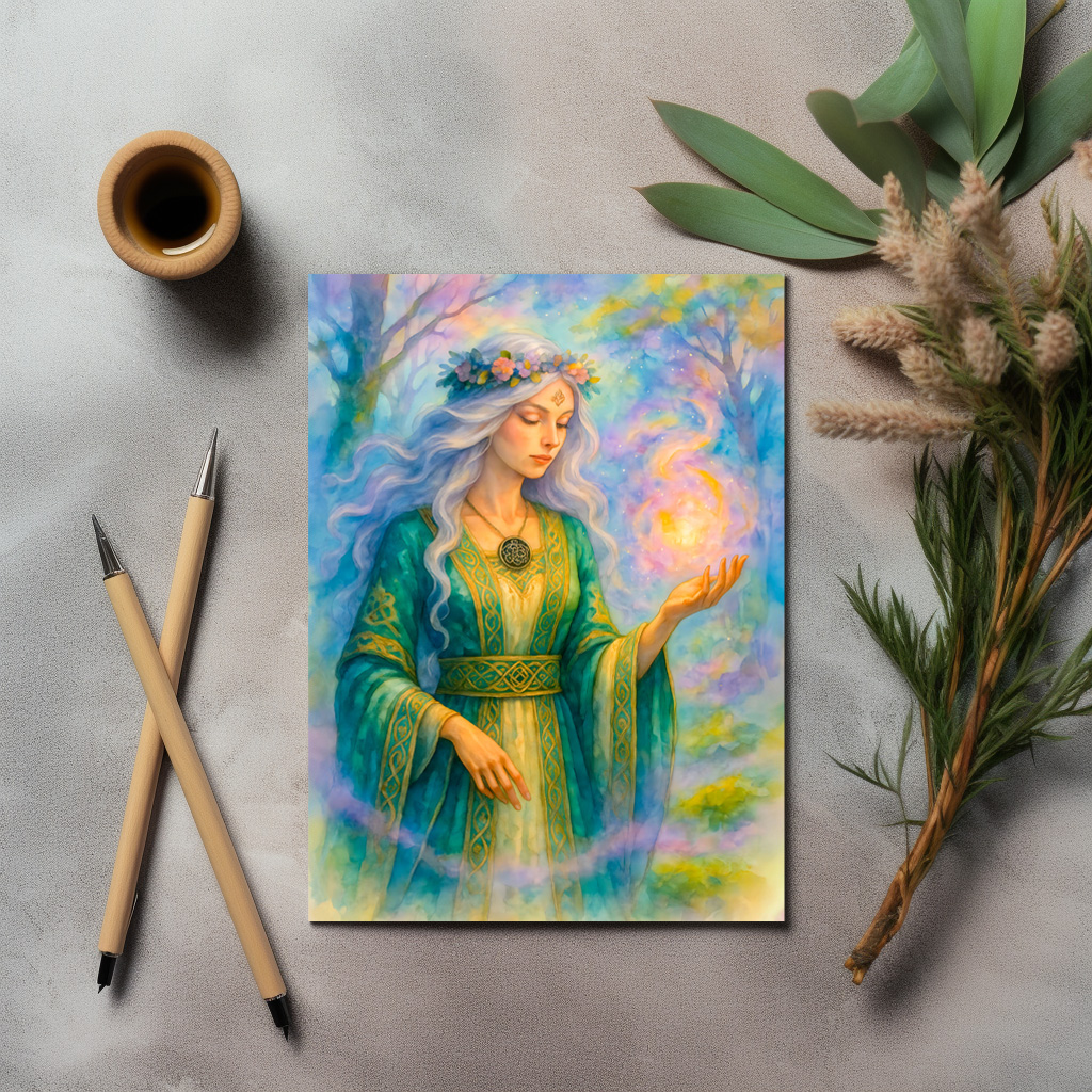 raxxa Postkarte: Celtic druidess conjures glowing energy sphere